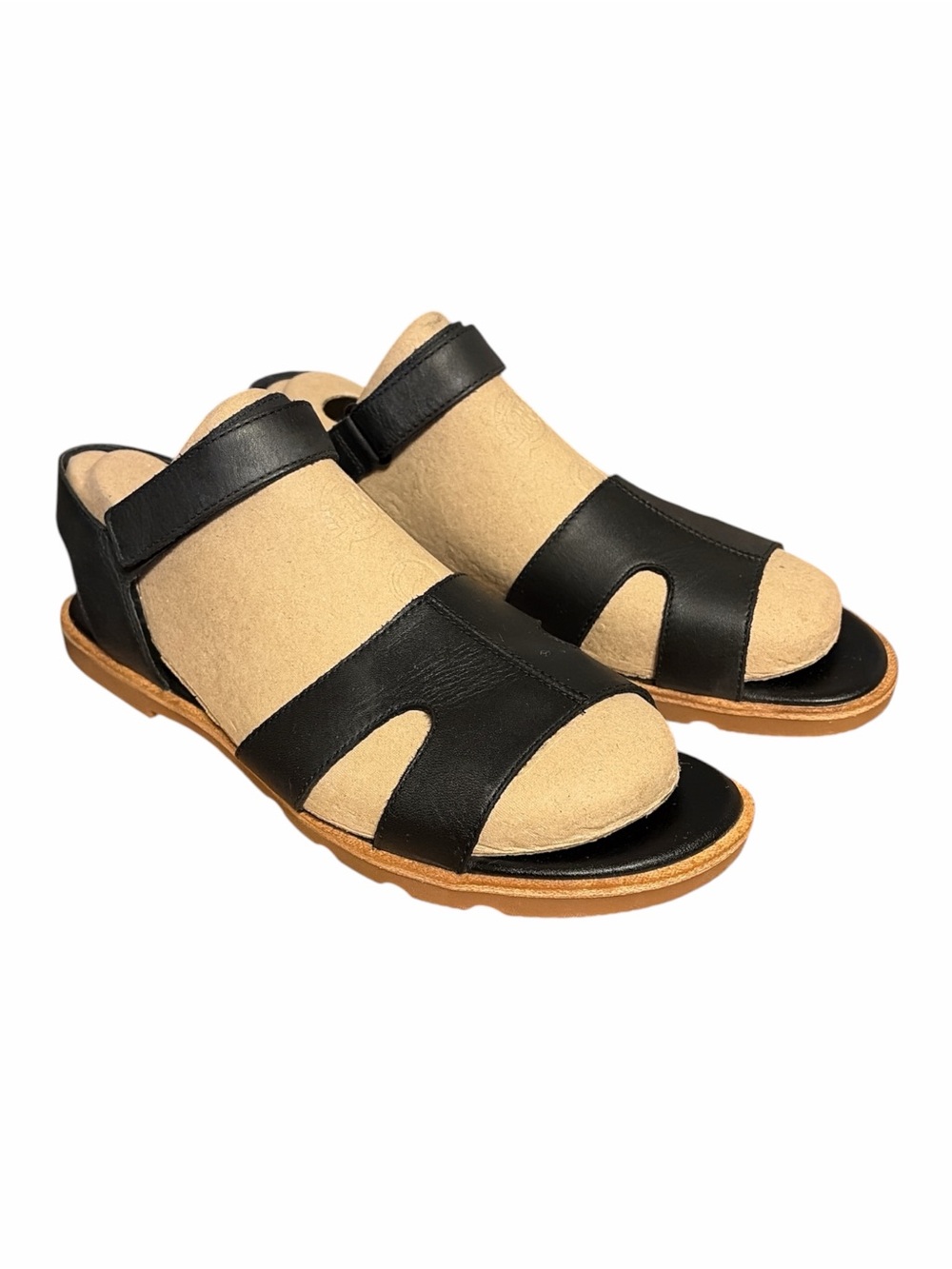 Sorel Black Leather Open-Toe Sandals with Tan Footbed - Picture 2 of 7